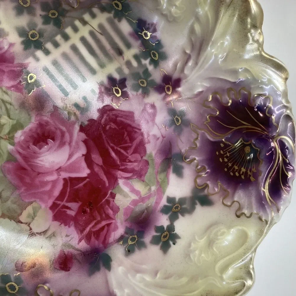 Antique‎ 10.5” Bowl A F S P Roses Scalloped Center Bowl Gold Pink Green Purple